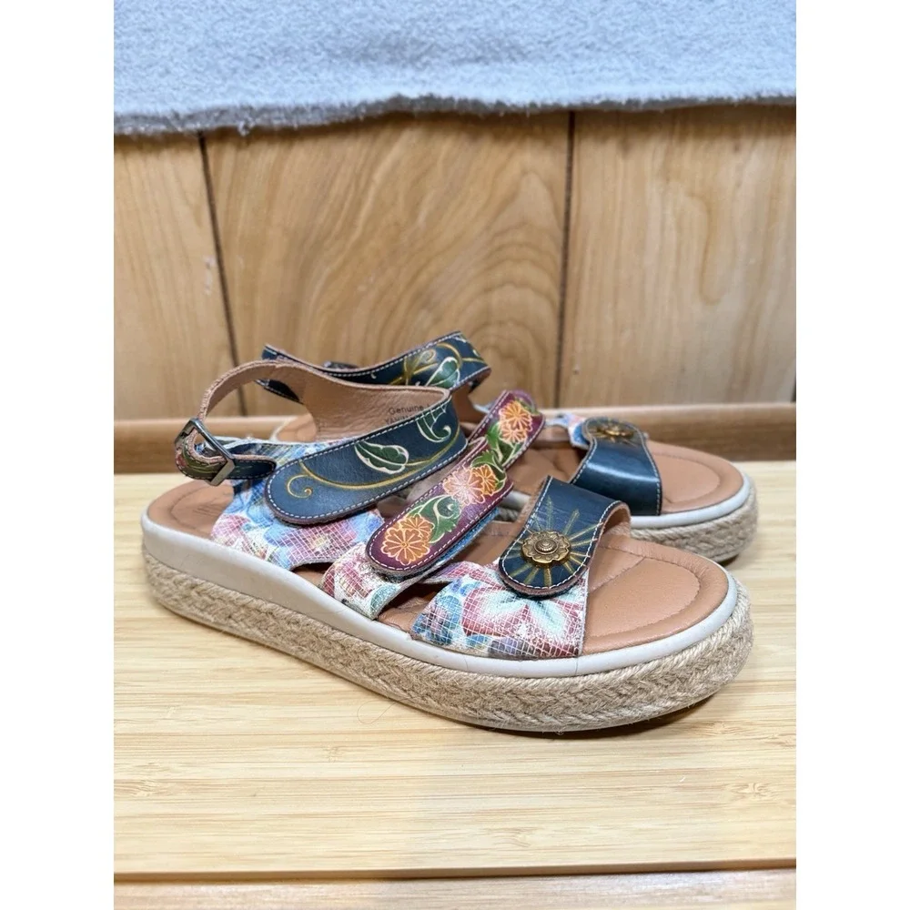 L'Artiste Yahima Floral Leather Platform Espadrille Sandals Multi Women 38 7.5-8